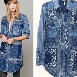 Free People Denim Printed Short Shirt Dress Size XS